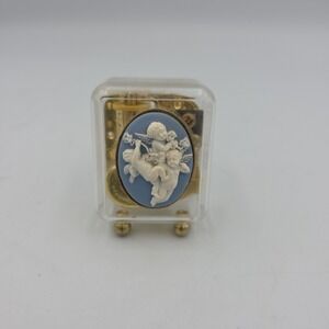 Beautiful Sankyo Blue White CHERUB CAMEO Footed Music Box~"Let It Be"